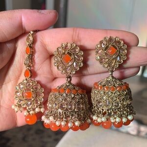Orange and Champagne Jhumka Earrings and Tikka Set